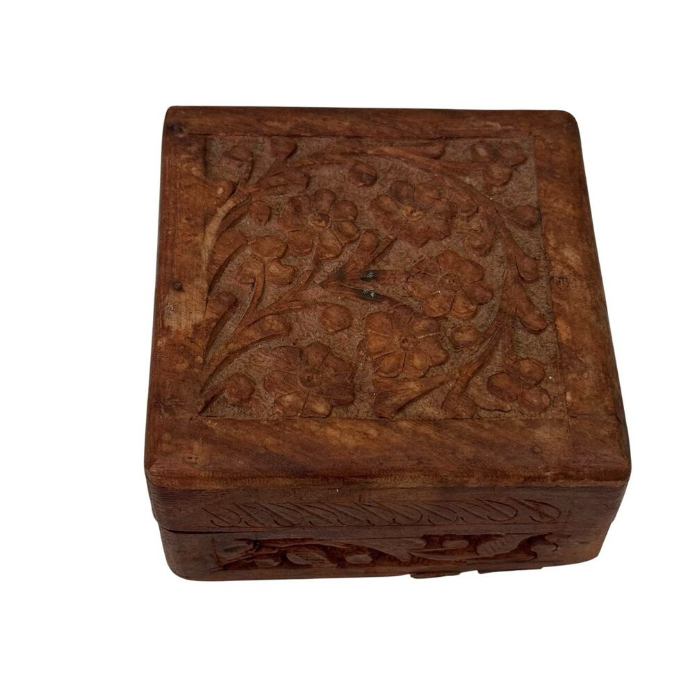 Vintage Hand Carved Square Shaped Wood Box Made In India Floral Motif Boho